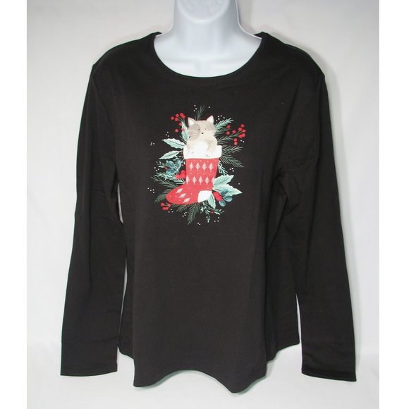 Christmas T Shirt Long Sleeve Kitten Cat Stocking Holly Berries New With Tags - Picture 1 of 4